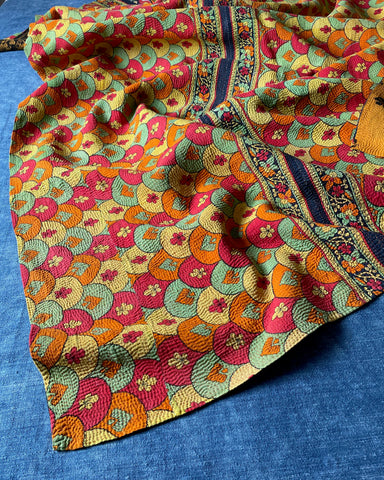 bright colourful kantha quilt hand stitched cotton comforter large bedspread orange yellow red throw