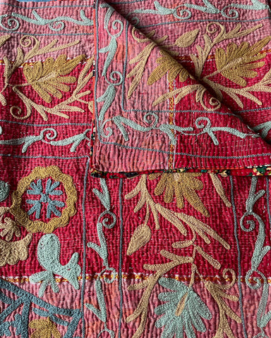 red pink embroidered suzani quilt vintage kantha bedspread sofa throw cotton bedcover wall hanging