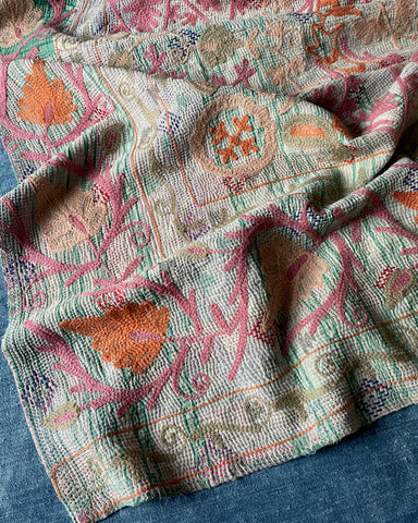 pastel colour suzani quilt kantha  bedspread embroidered throw handmade washable cotton throw