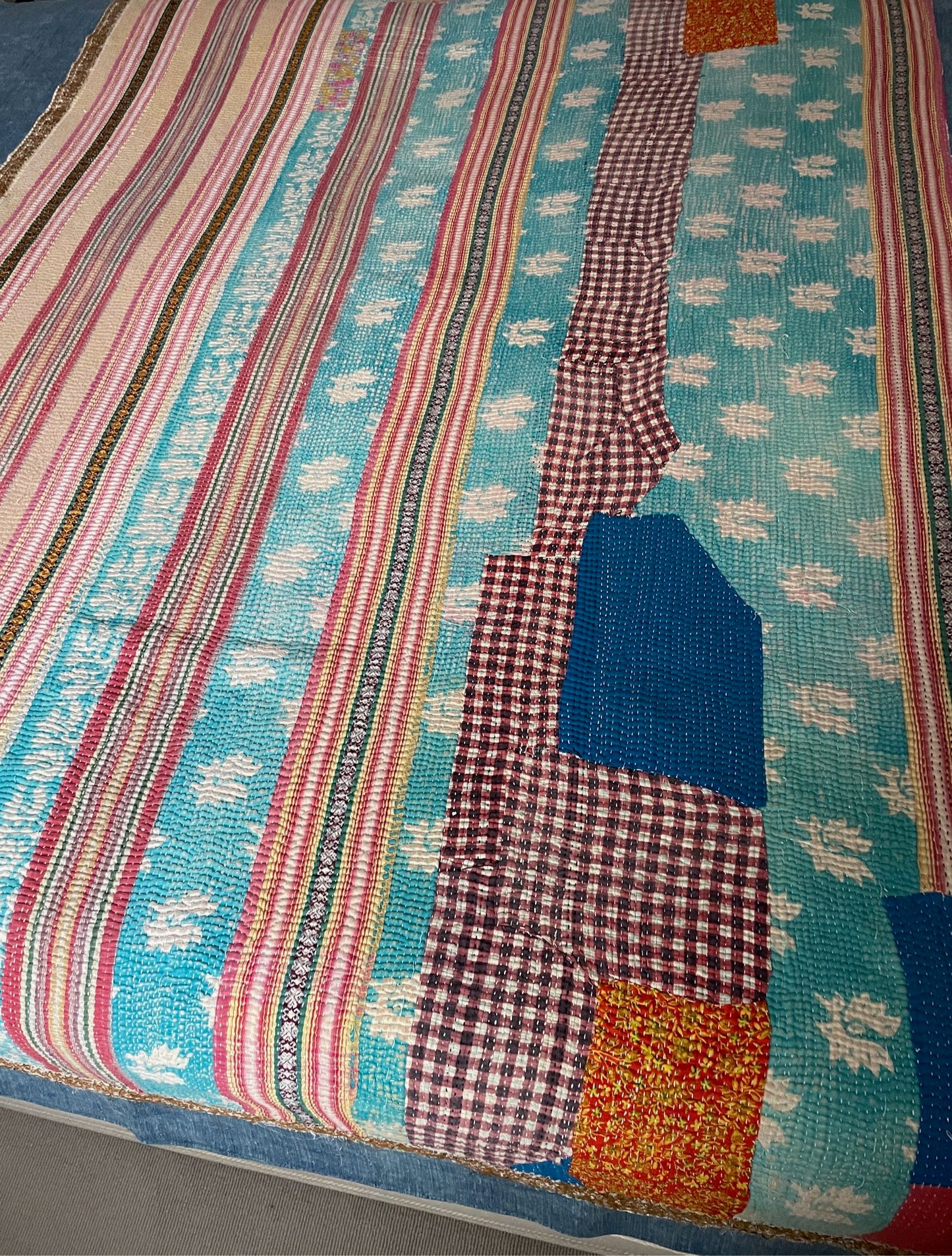 striped patchwork quilt vintage kantha sofa throw pink blue yellow cotton comforter large washable
