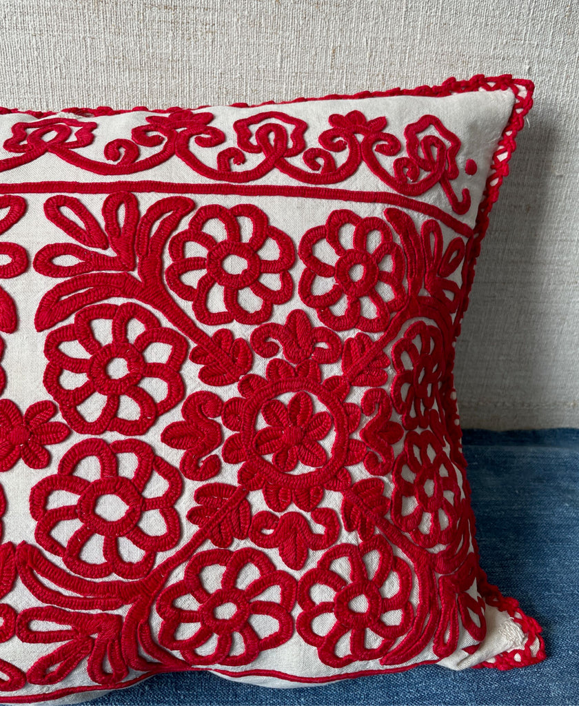 vintage red embroidered irasos hungarian cushion cover with feather pad handmade folk textile