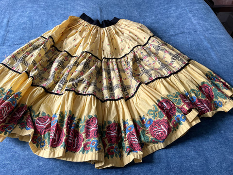 vintage french souleiado skirt in lemon yellow with pink roses 1970's collectors item