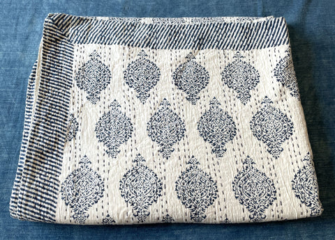 blue block print kantha quilt large cotton bedspread handmade in India machine washable