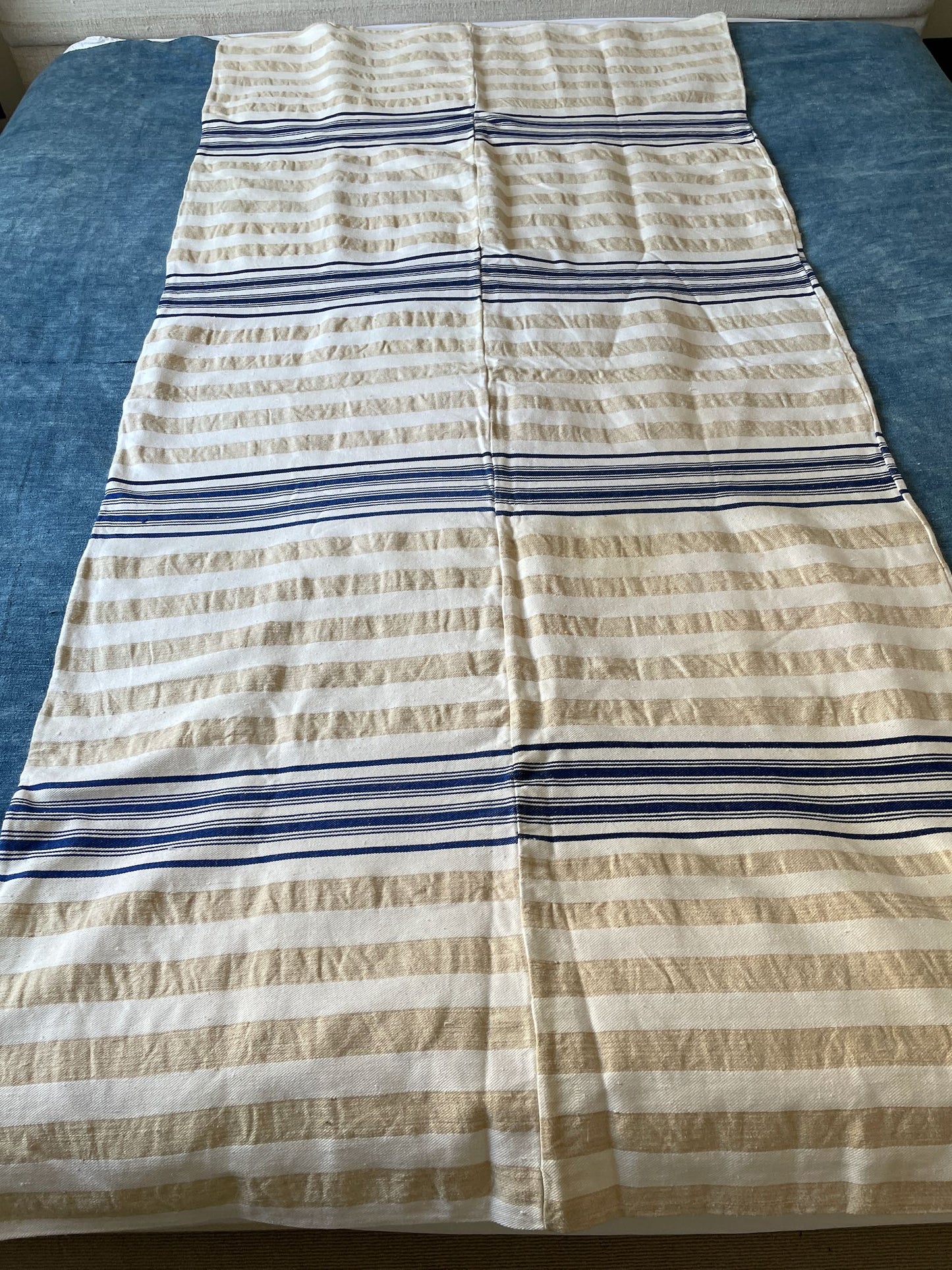 blue beige white stripe upholstery fabric cushion material vintage large hard wearing washable
