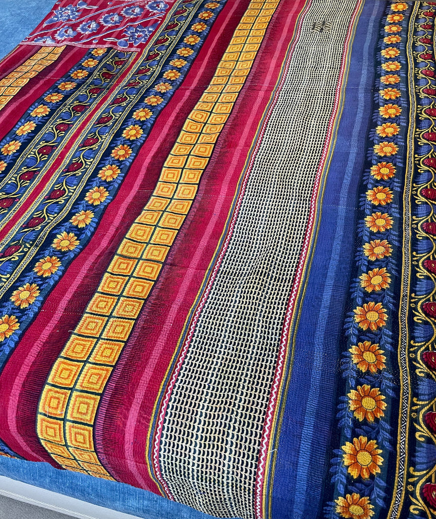 bold colourful red yellow purple blue sunflower kantha quilt bedspread cotton comforter sofa throw