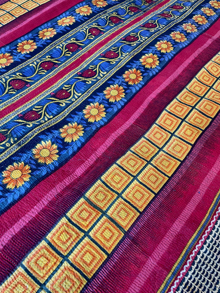 bold colourful red yellow purple blue sunflower kantha quilt bedspread cotton comforter sofa throw