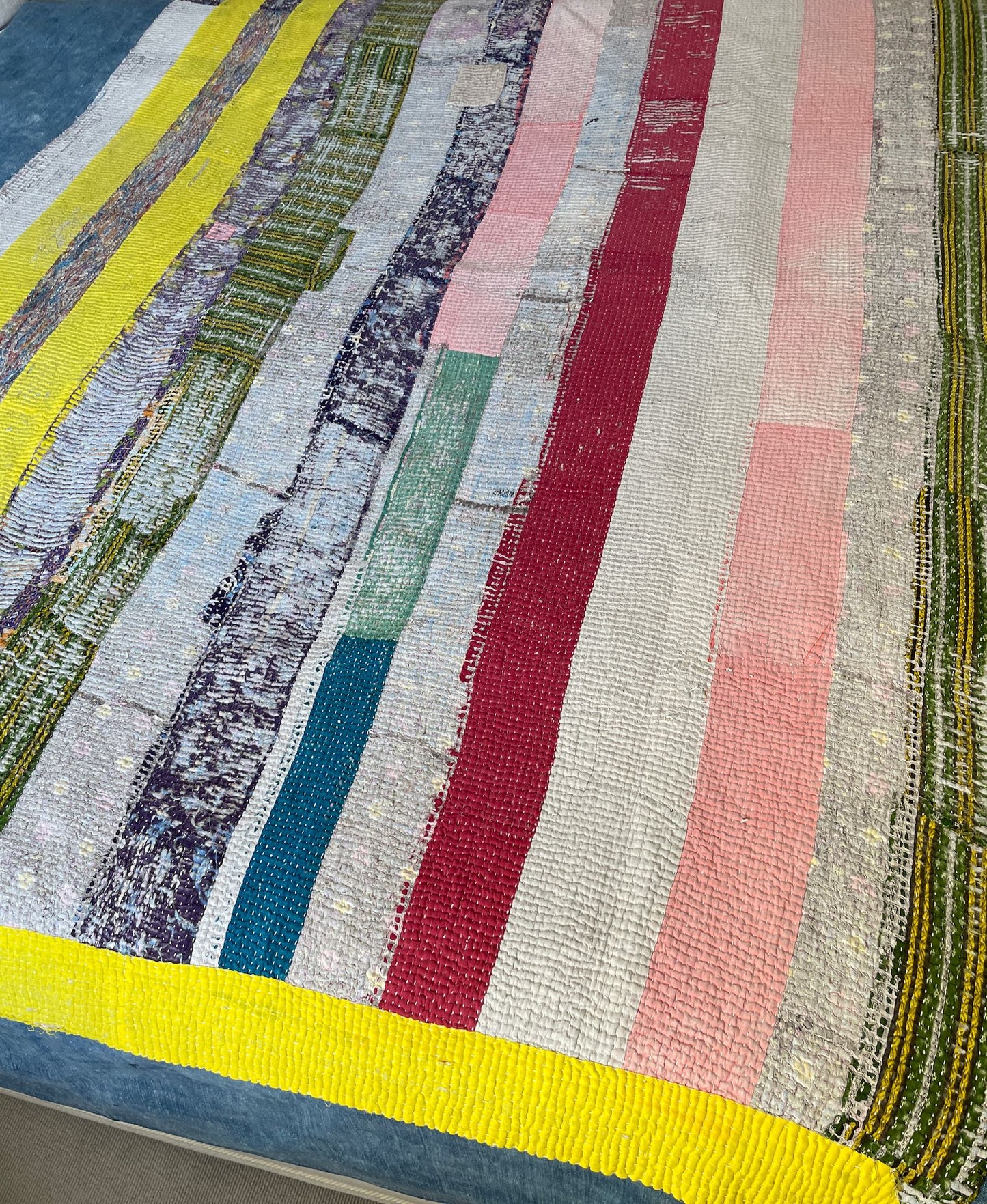 acid yellow pink green striped patchwork kantha quilt cotton comforter sofa throw cotton washable