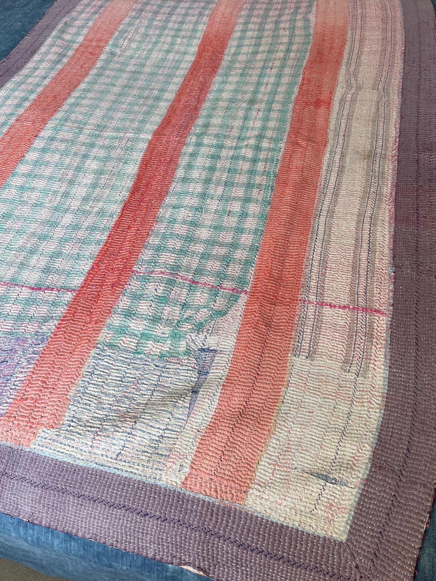 striped patch work kantha quilt coral orange blue green checked bedspread sofa throw single