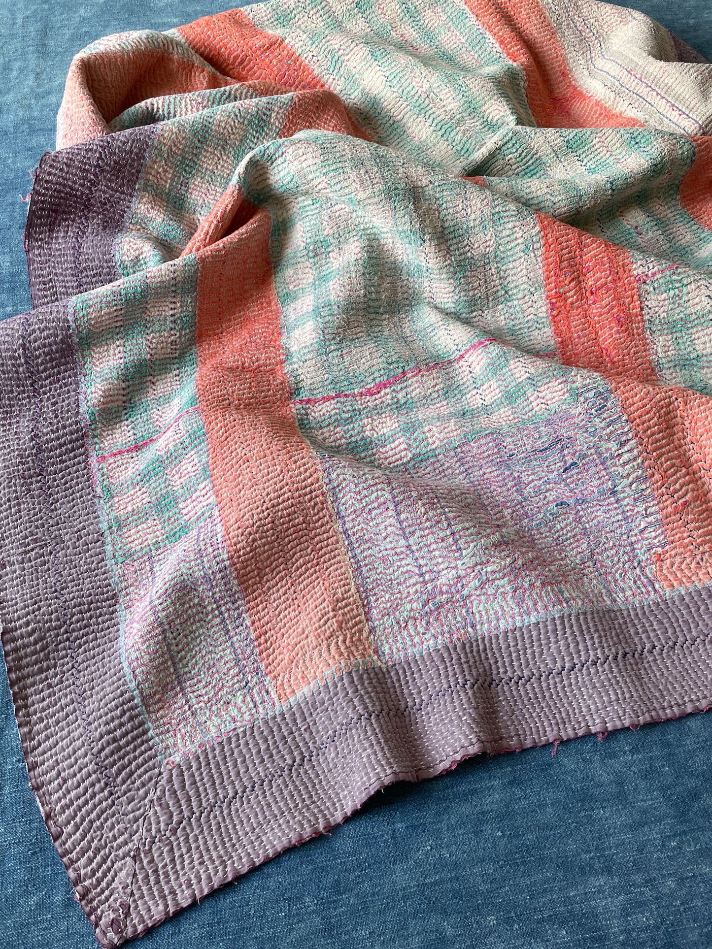 striped patch work kantha quilt coral orange blue green checked bedspread sofa throw single