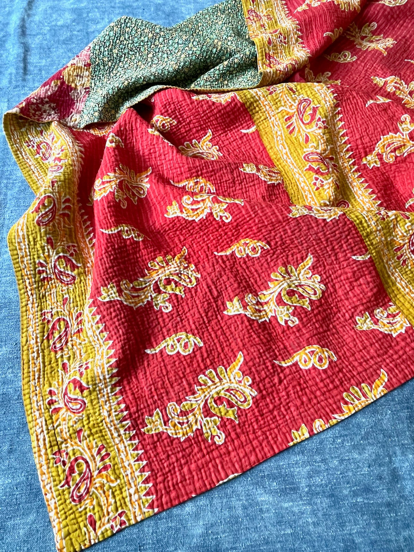 red orange yellow bright kantha quilt sofa throw bedspread cotton comforter double single washable
