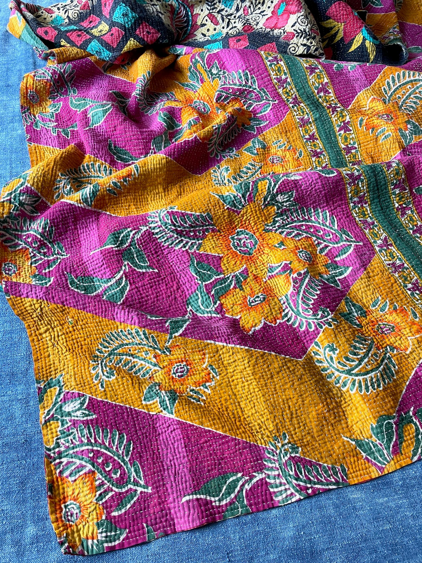 purple orange black red floral kantha quilt cotton bedspread single comforter cotton washable