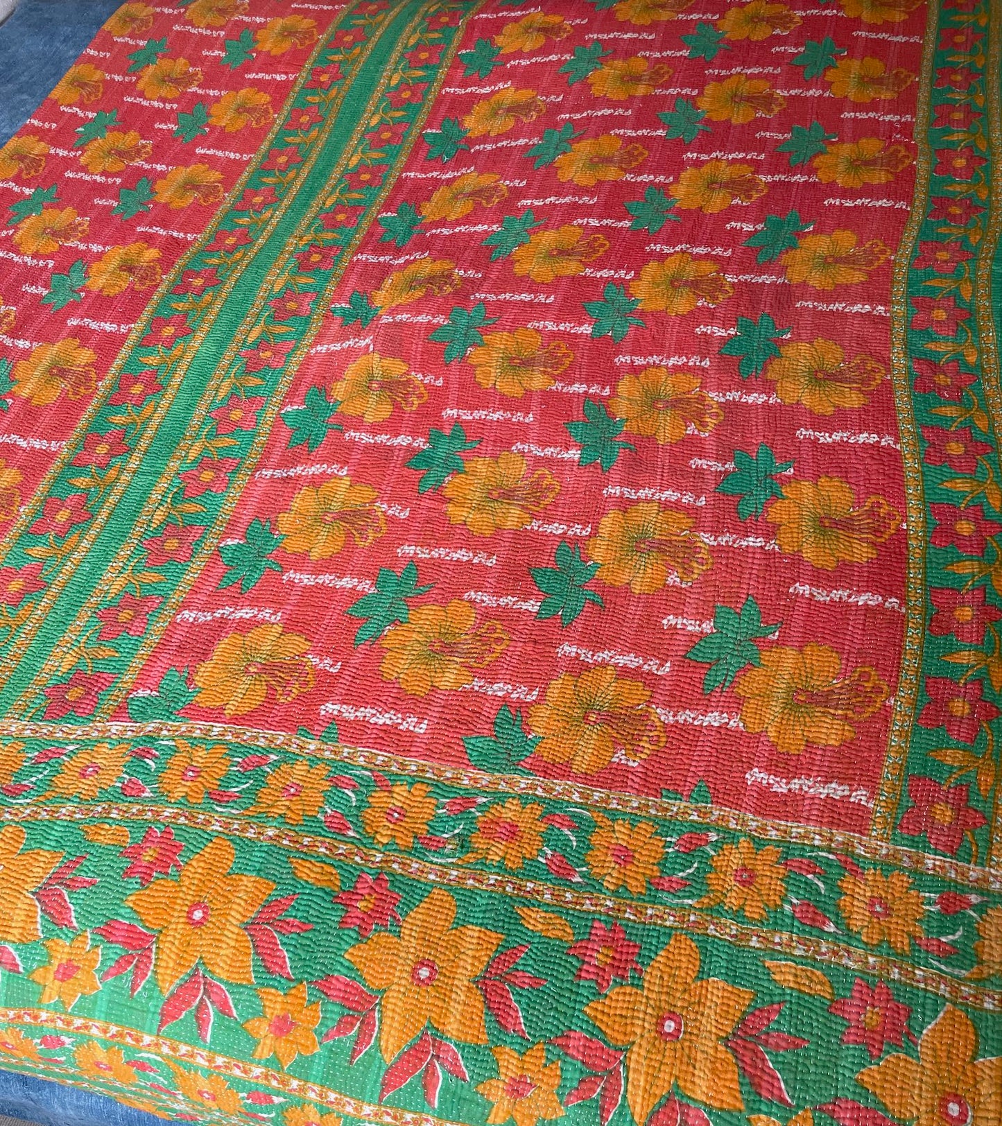 bright red orange green flowery kantha quilt bedspread sofa throw cotton comforter washable double