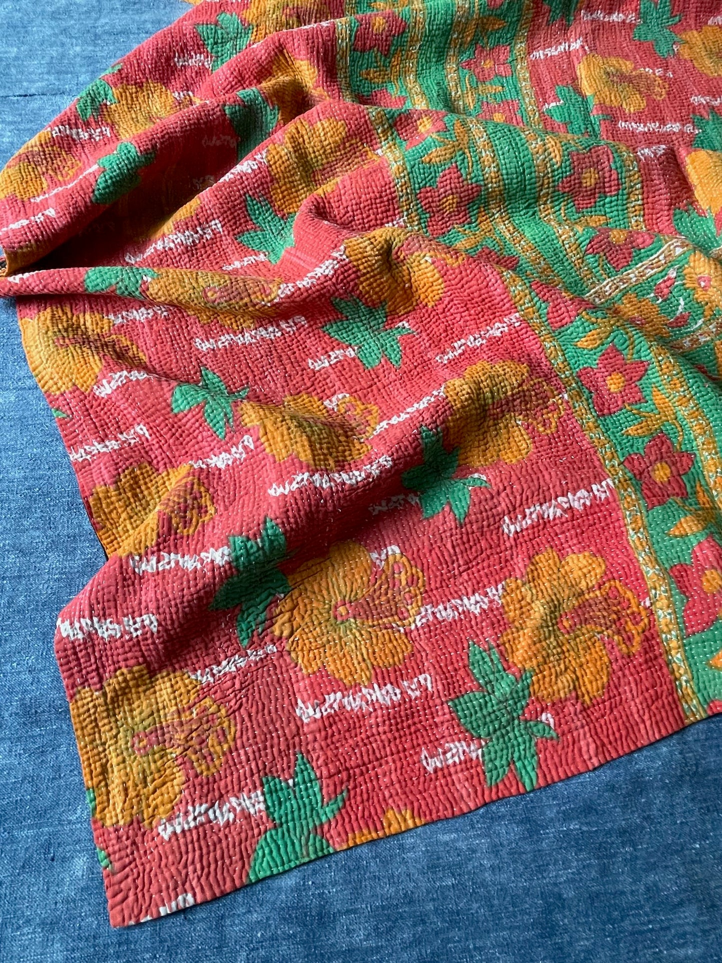 bright red orange green flowery kantha quilt bedspread sofa throw cotton comforter washable double