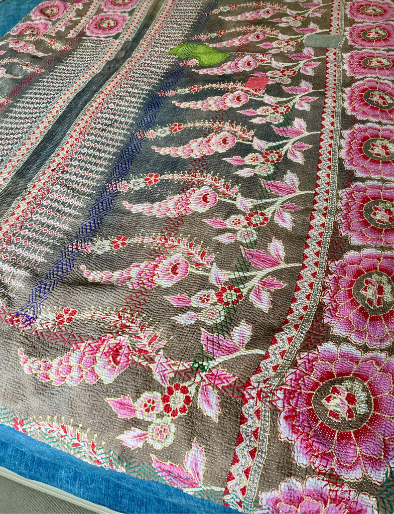 pink roses vintage embroidered kantha quilt sofa throw soft cotton machine washable bedspread