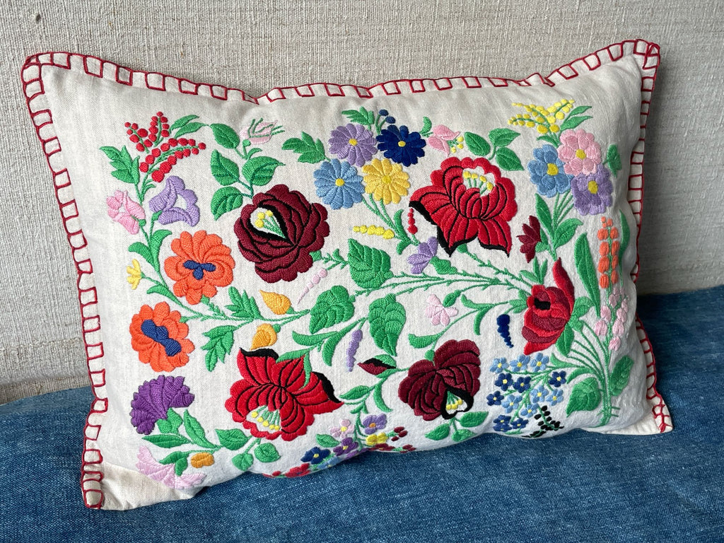colourful embroidered folk art cushion from hungary brightly coloured floral pillow handmade