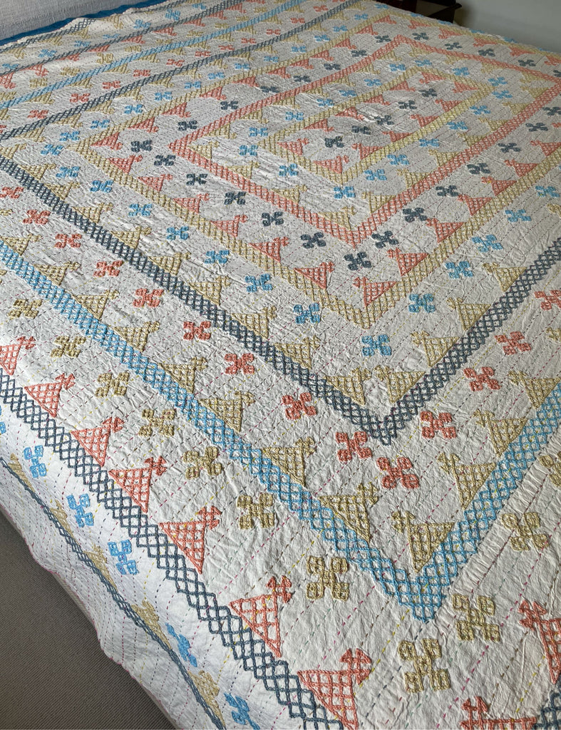 large embroidered ralli kantha quilt in pastel colours. machine washable bedspread handmade