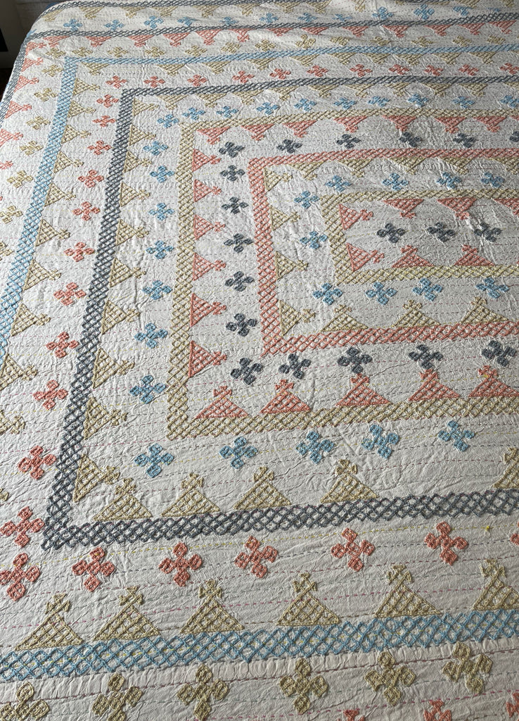large embroidered ralli kantha quilt in pastel colours. machine washable bedspread handmade