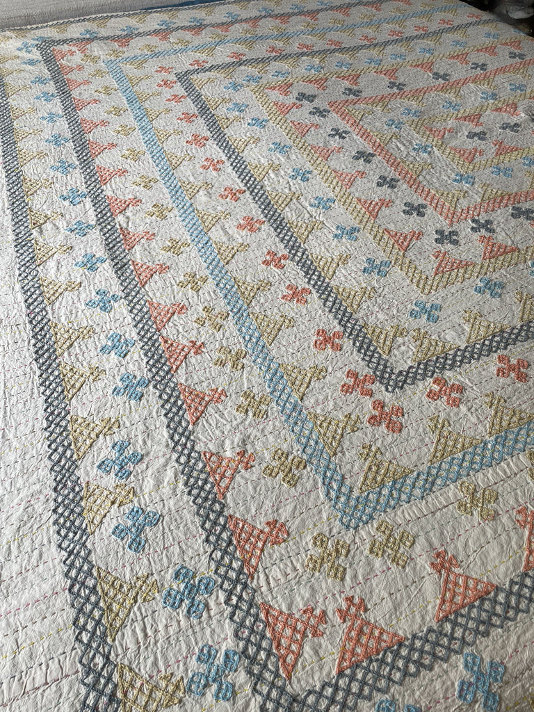 large embroidered ralli kantha quilt in pastel colours. machine washable bedspread handmade