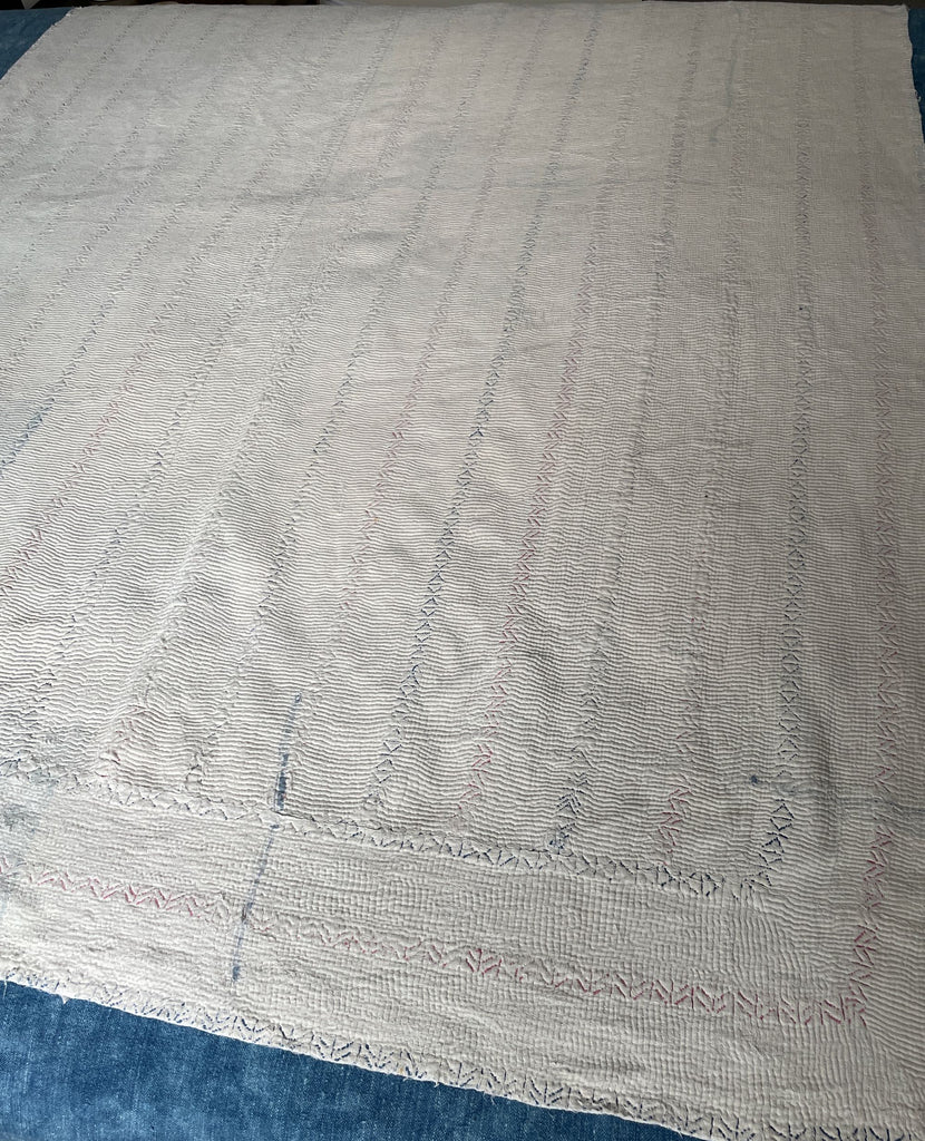 white kantha quilt with pale pink and blue embroidered stripes cotton bedspread sofa throw vintage