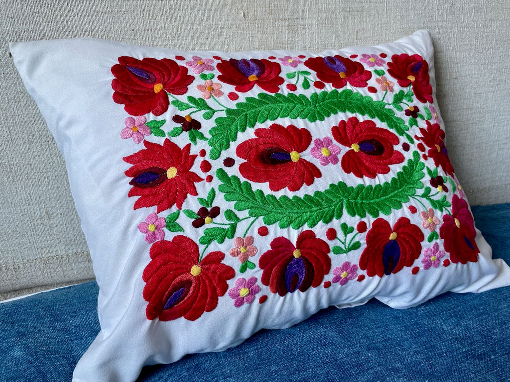 red green floral matyo hand embroidered cushion vintage Hungarian pillow folk textile