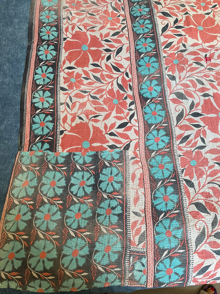 soft coral and turquoise flowery kantha quilt bedspread cotton comforter sofa throw washable