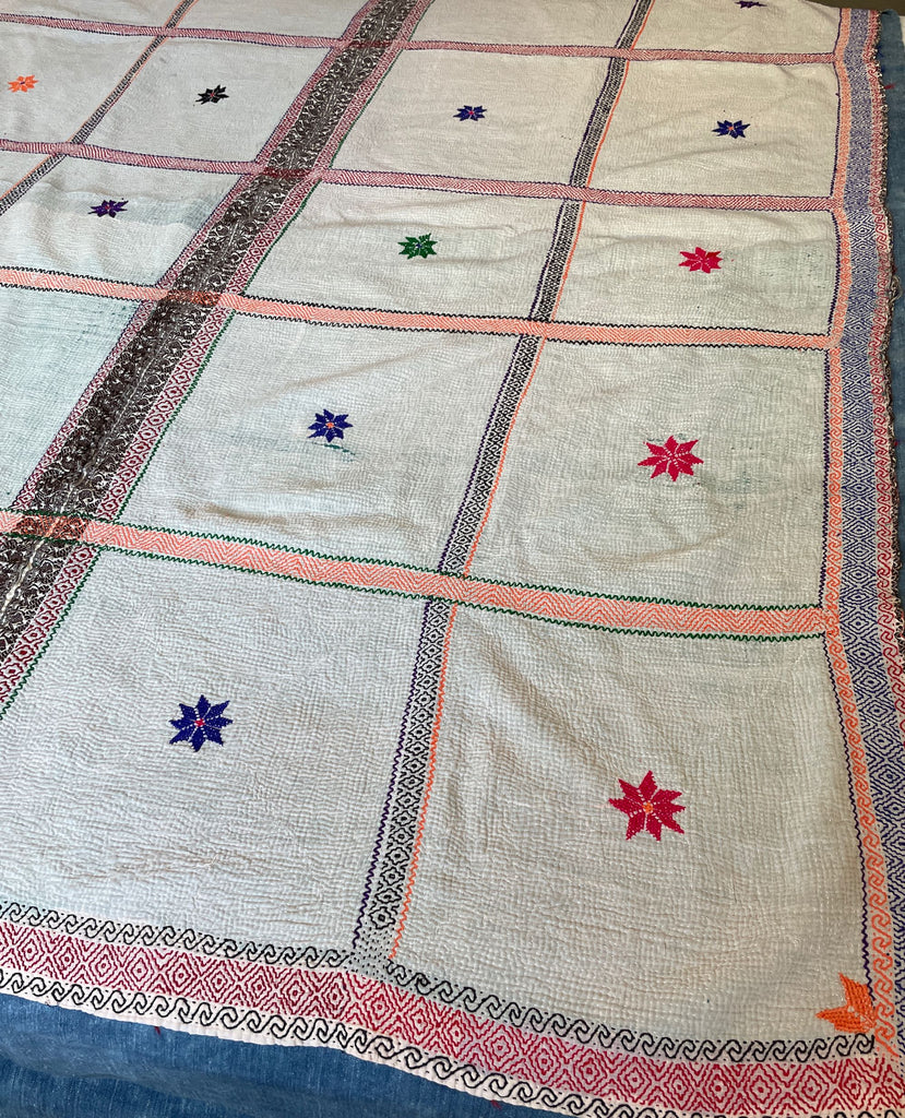 white vintage kantha bright embroidery in pink orange cotton bedspread handmade washable