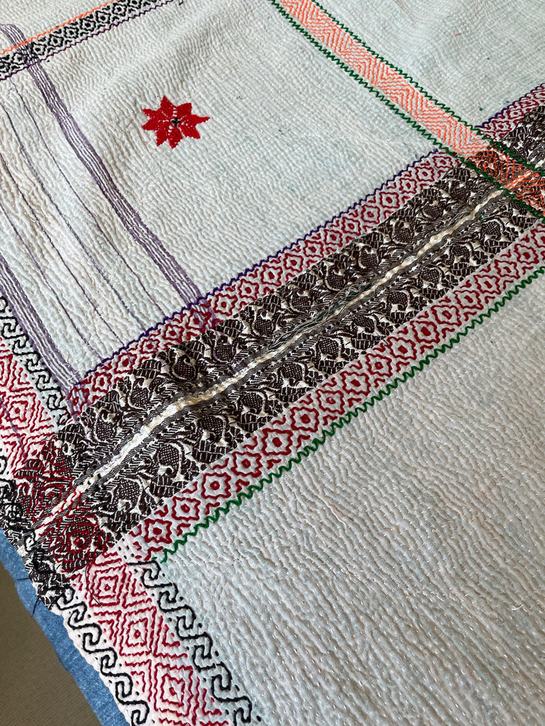 white vintage kantha bright embroidery in pink orange cotton bedspread handmade washable