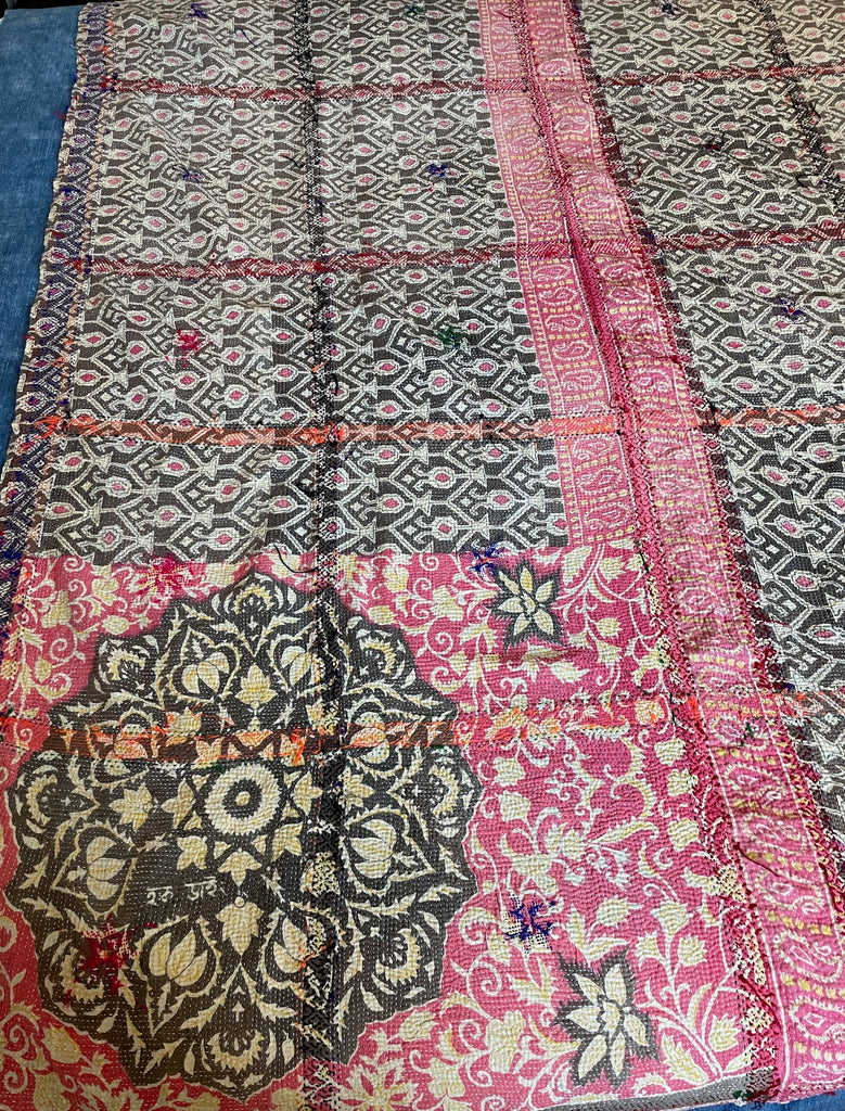 Pink vintage kantha bright embroidery in pink orange cotton bedspread handmade washable