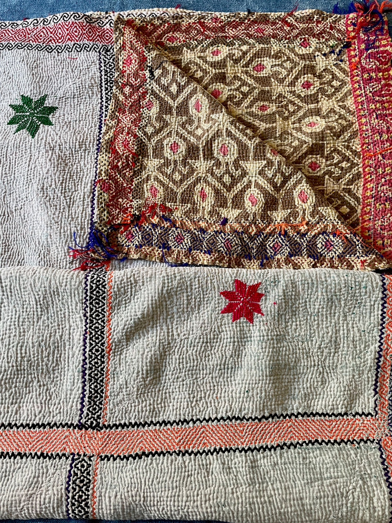 white vintage kantha bright embroidery in pink orange cotton bedspread handmade washable