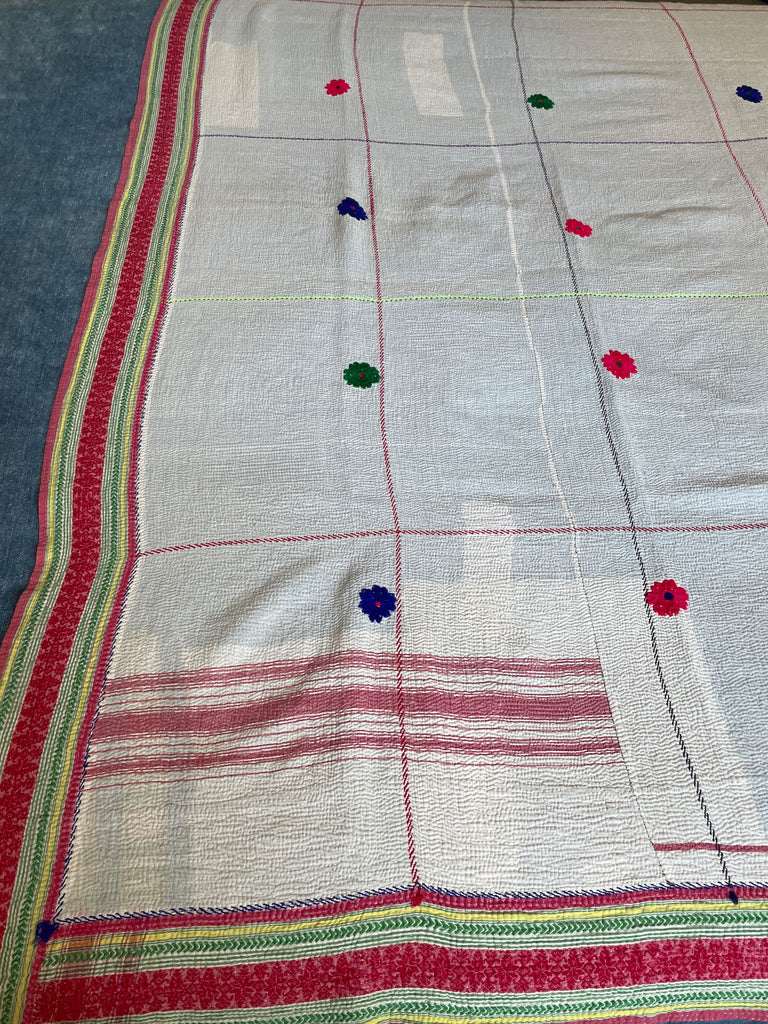 white vintage kantha bold striped border cotton bedspread handmade sofa throw washable