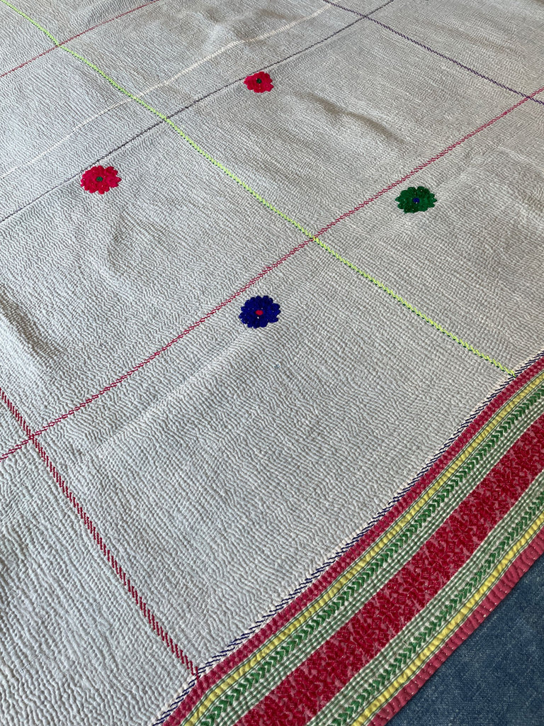 white vintage kantha bold striped border cotton bedspread handmade sofa throw washable