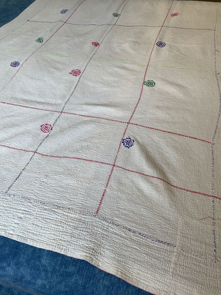 white vintage kantha bold striped border cotton bedspread handmade sofa throw washable