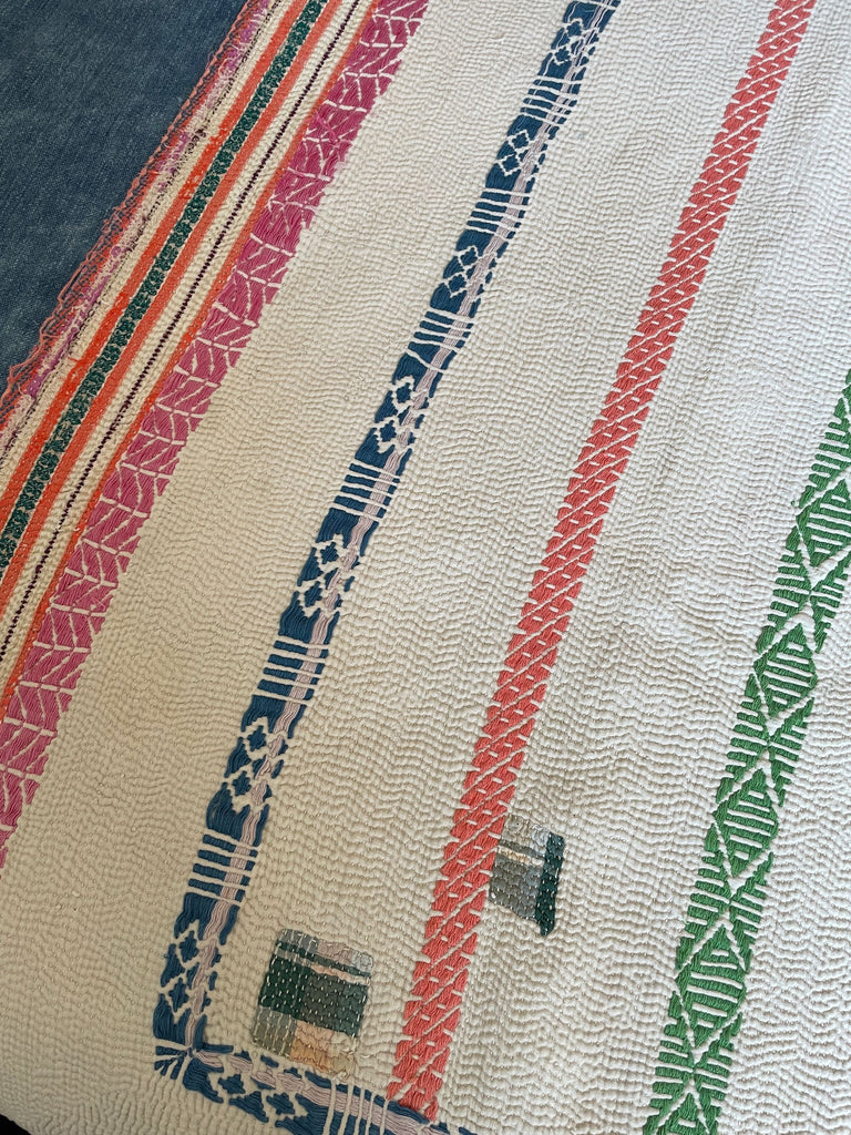 embroidered white kantha quilt vintage hand stitched bedcover cotton washable comforter sofa throw