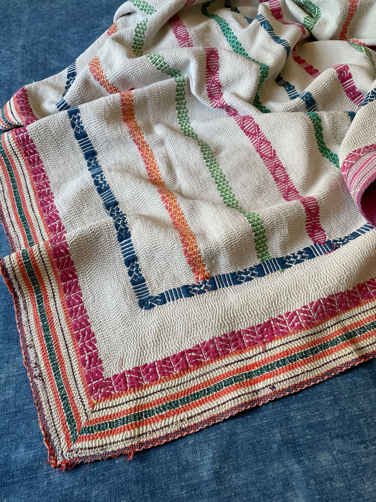 embroidered white kantha quilt vintage hand stitched bedcover cotton washable comforter sofa throw