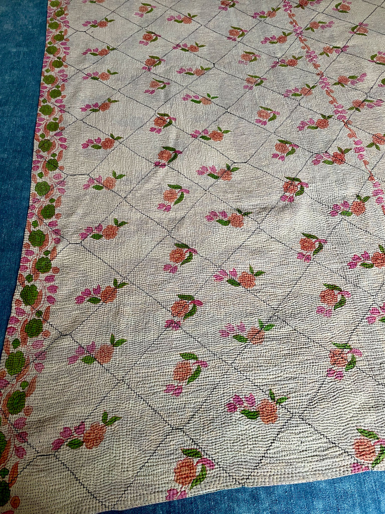 lilac turquoise roses cotton vintage indian kantha quilt sofa throw cotton comforter washable