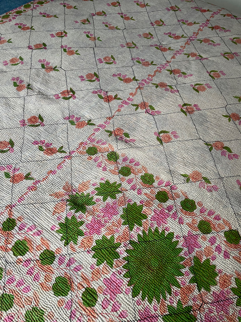 lilac turquoise roses cotton vintage indian kantha quilt sofa throw cotton comforter washable