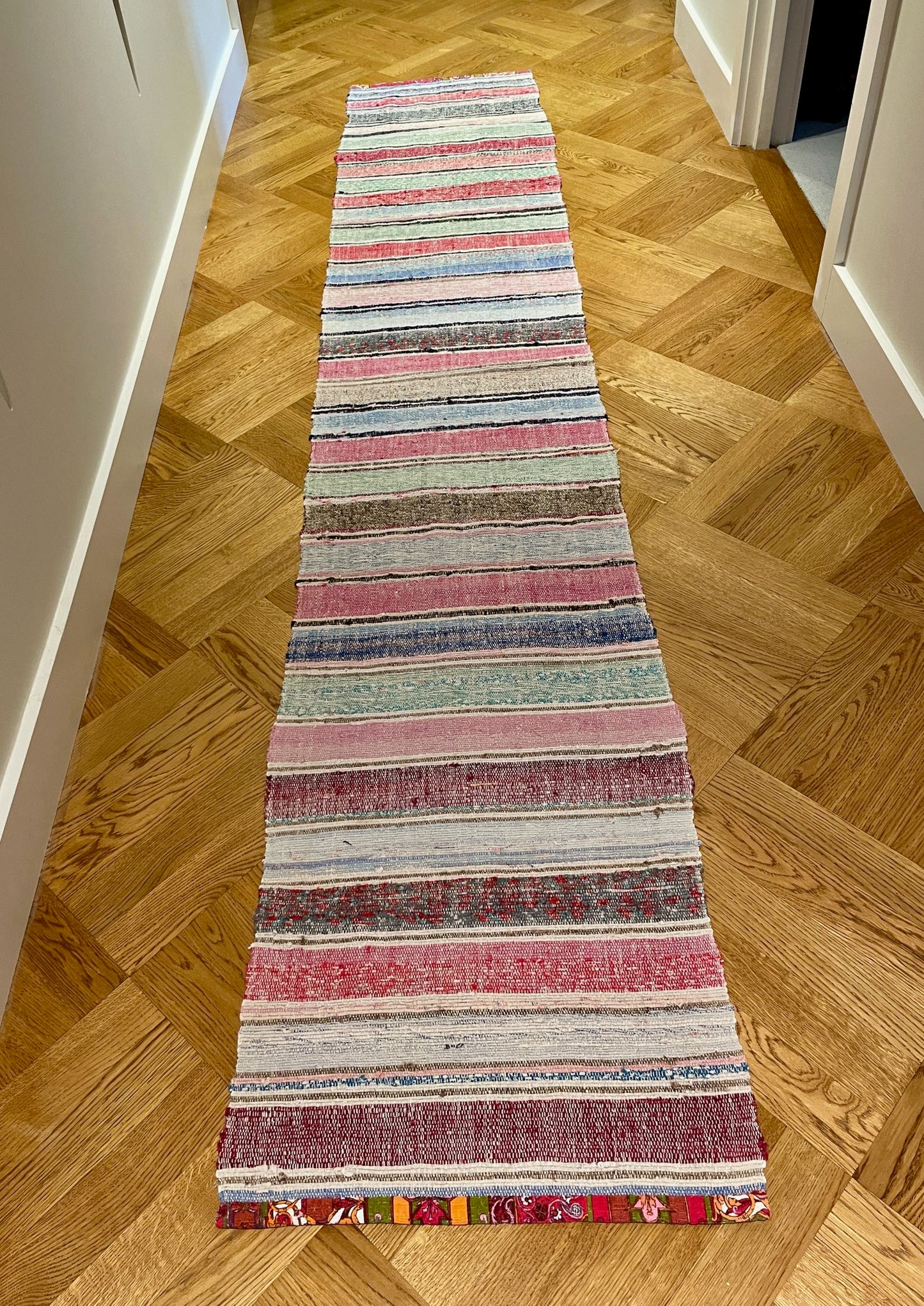 floor runner hall mat long rag rug striped bright colours pink green blue machine washable mat