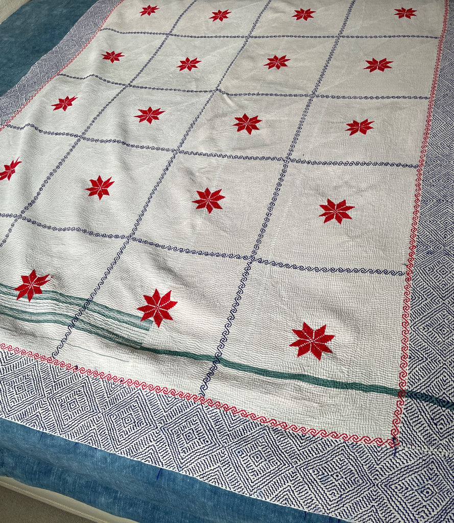 blue and white with red stars embroidered kantha quilt bedspread or sofa throw washable cotton