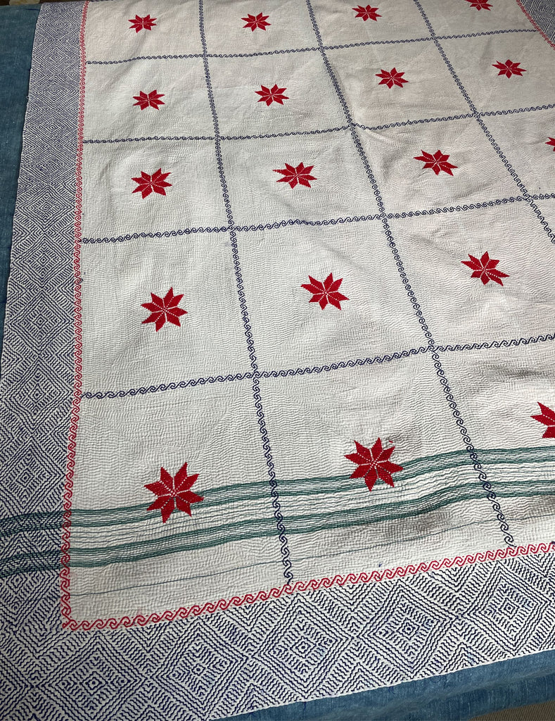 blue and white with red stars embroidered kantha quilt bedspread or sofa throw washable cotton