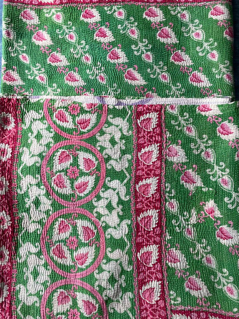 bright pink and green floral patterned vintage kantha quilt sofa throw cotton bedspread washable