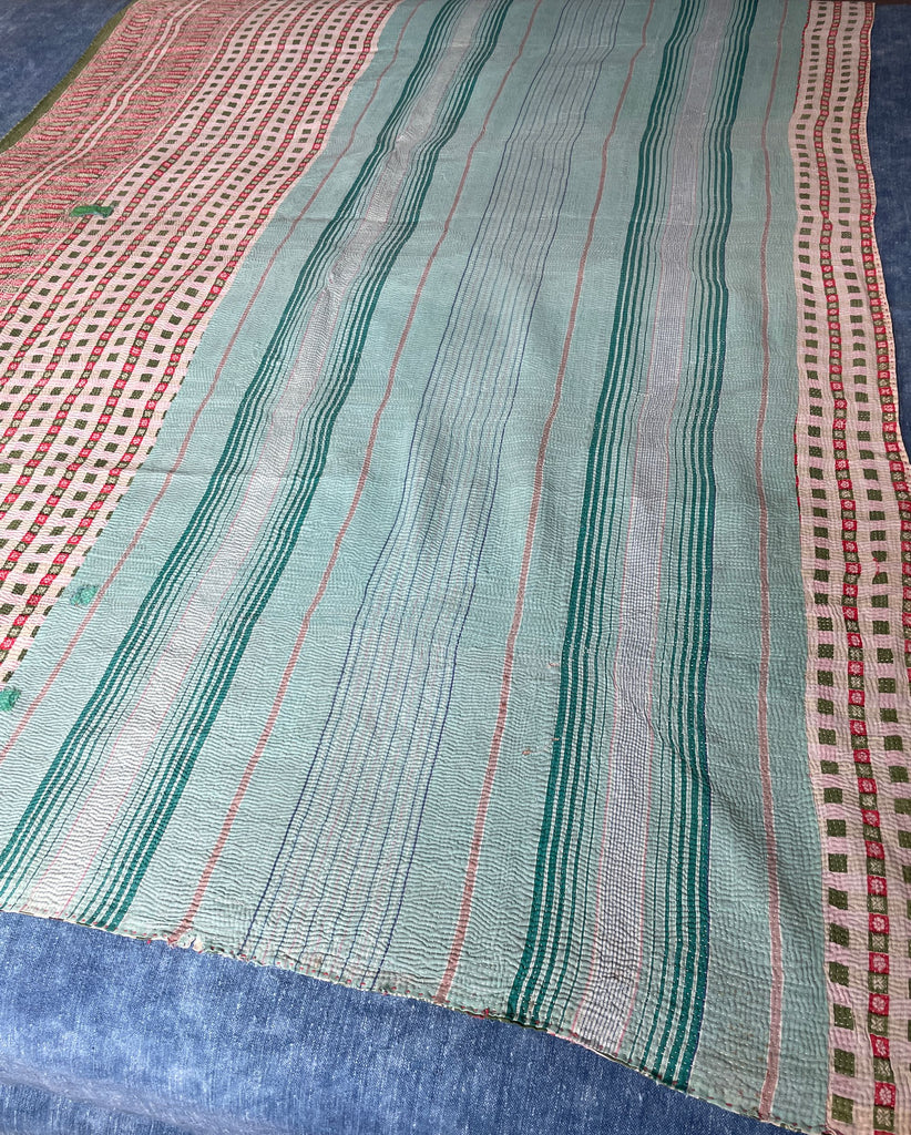 soft green duck egg blue kantha quilt hand stitched sofa throw bedspread washable cotton comforter