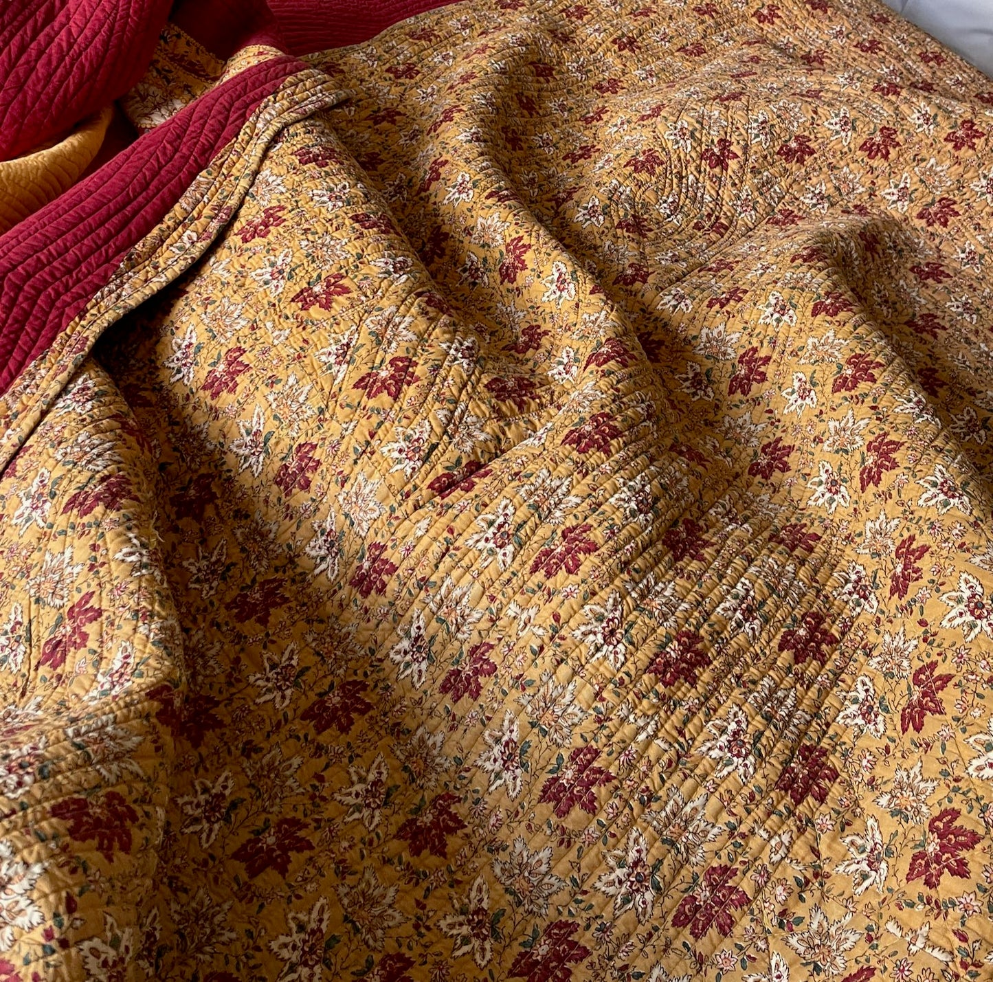 vintage french quilt large super king comforter bedcover provencal pretty red yellow bedspread