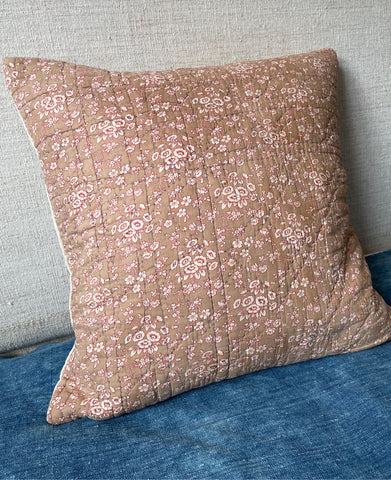 beige and red square antique french quilted cushion cream linen heirloom textiles hand made