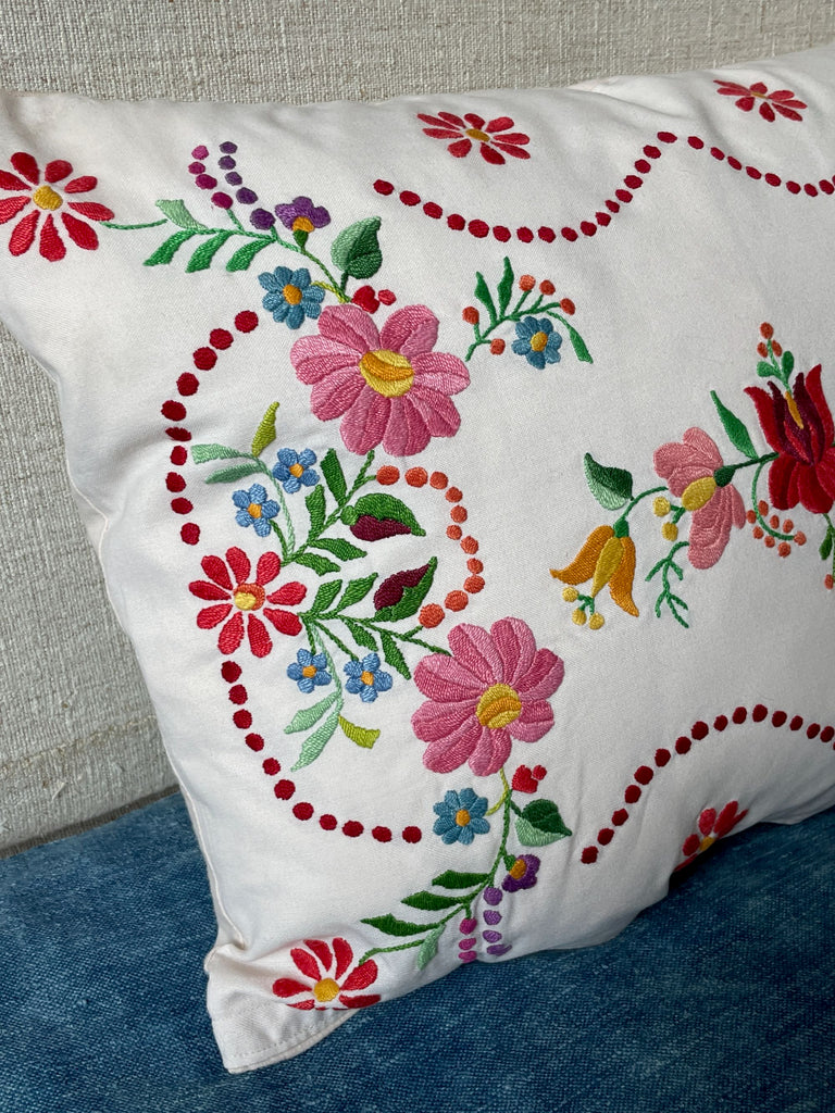 pretty pink red floral embroidered cushion hand stitched pillow vintage hungarian folk art textile