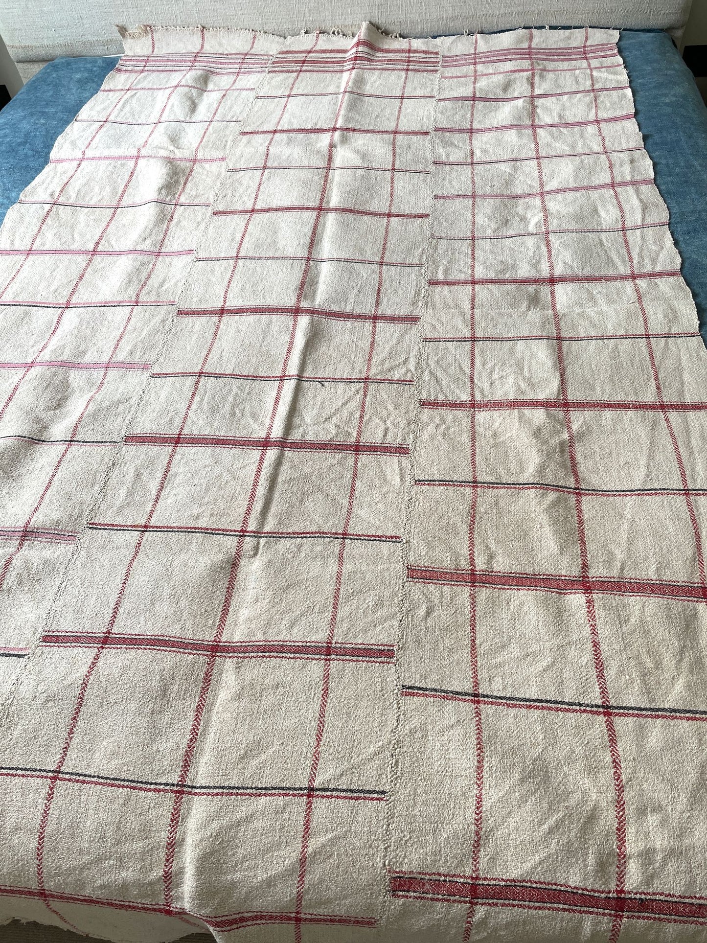 red cream hemp throw large blanket curtain upholstery fabric stripes checks home loomed washable