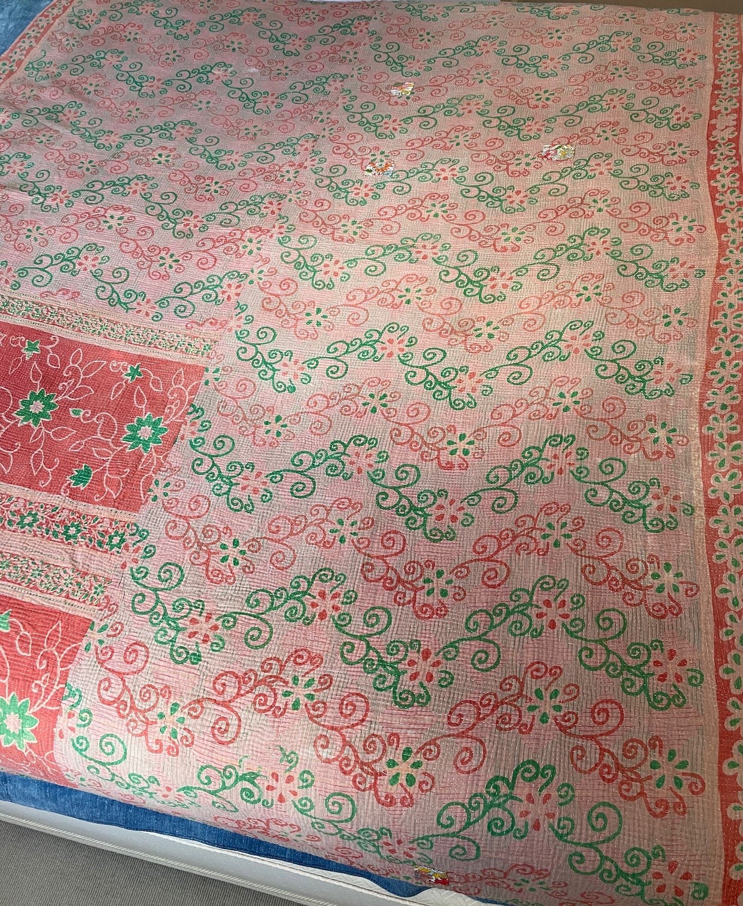 pink green kantha quilt bedspread comforter cotton washable single double sofa throw hand stitched