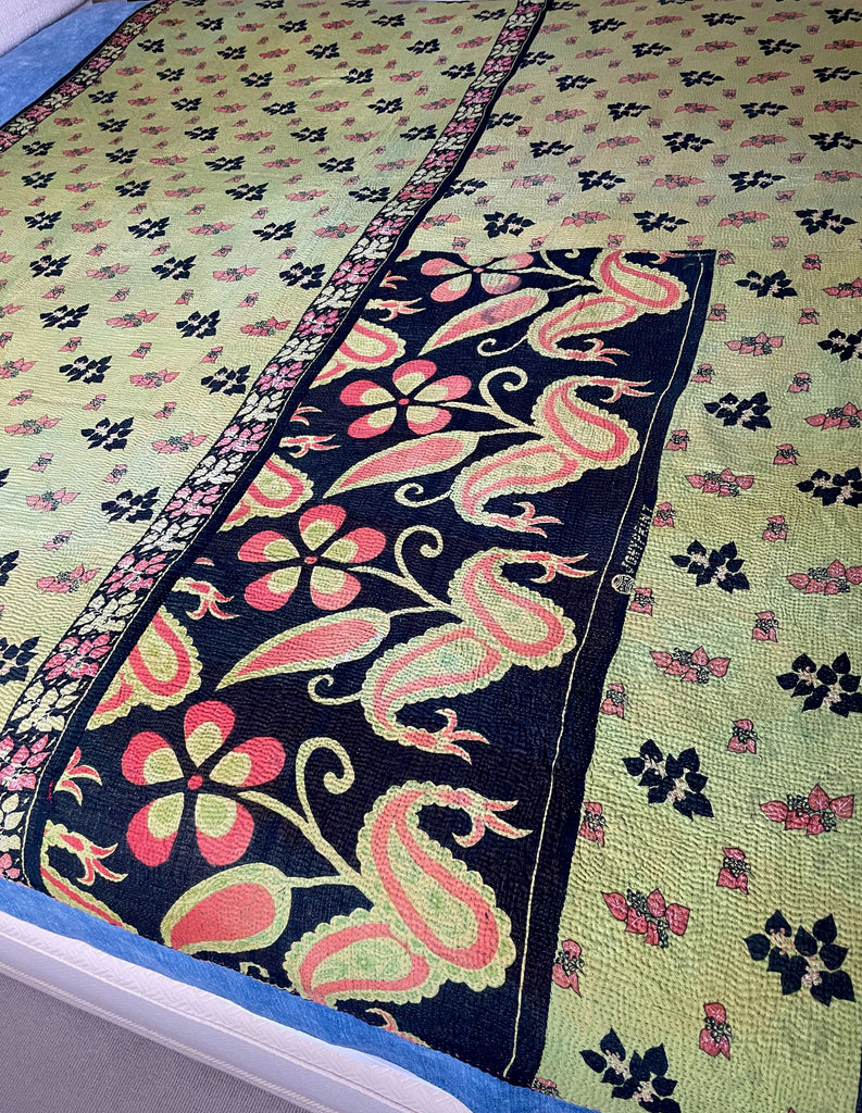 green red black vintage indian sari kantha quilt cotton comforter or sofa throw washable bedspread