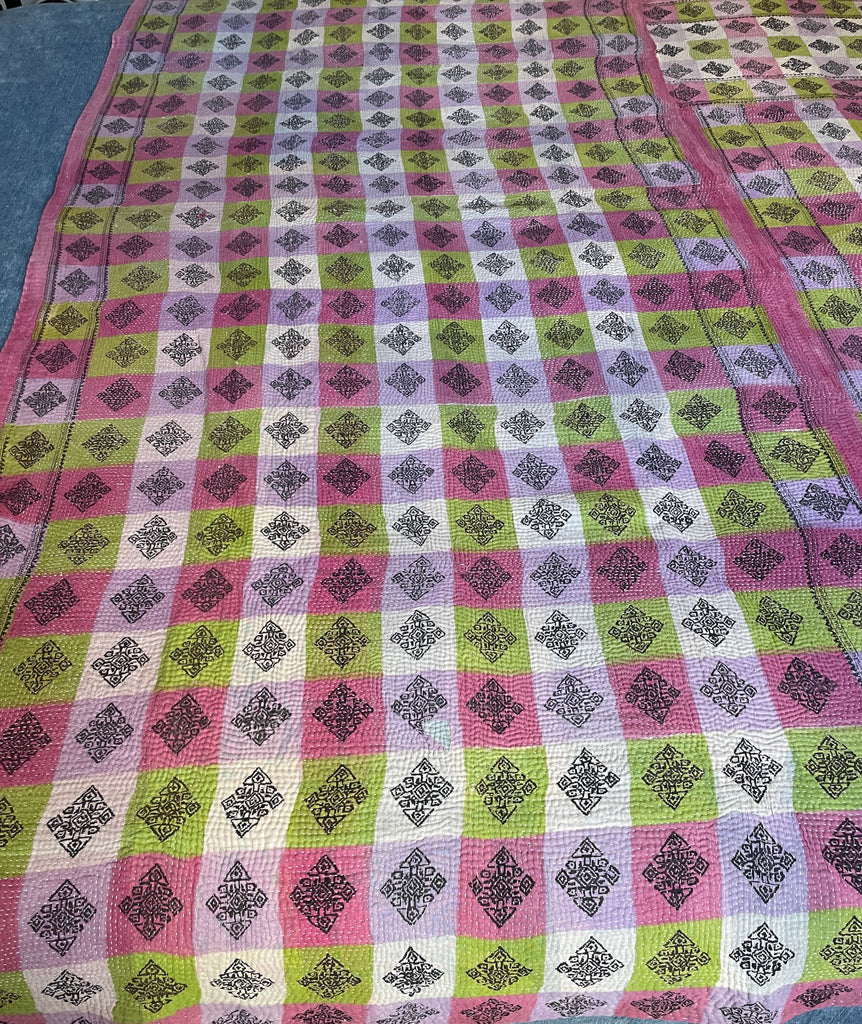 pink green lilac orange bedspread vintage indian kantha quilt cotton comforter bedspread washable