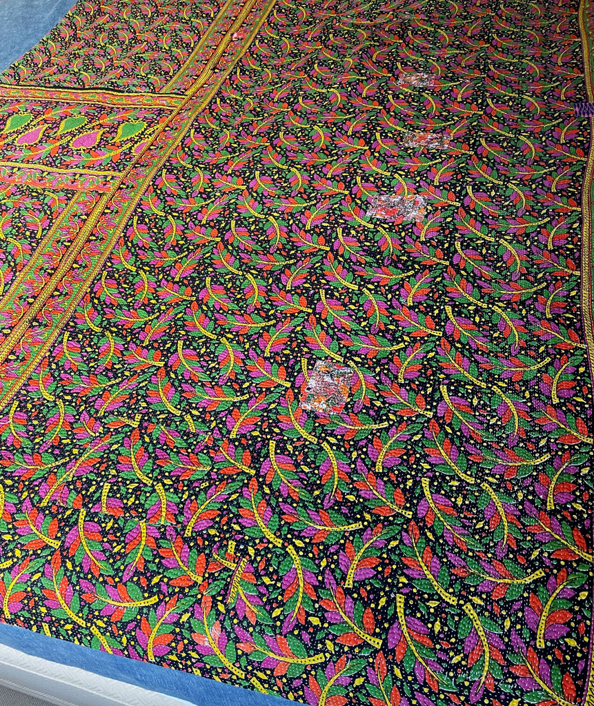 vibrant brightly coloured cotton bedspread vintage kantha quilt handmade machine washable