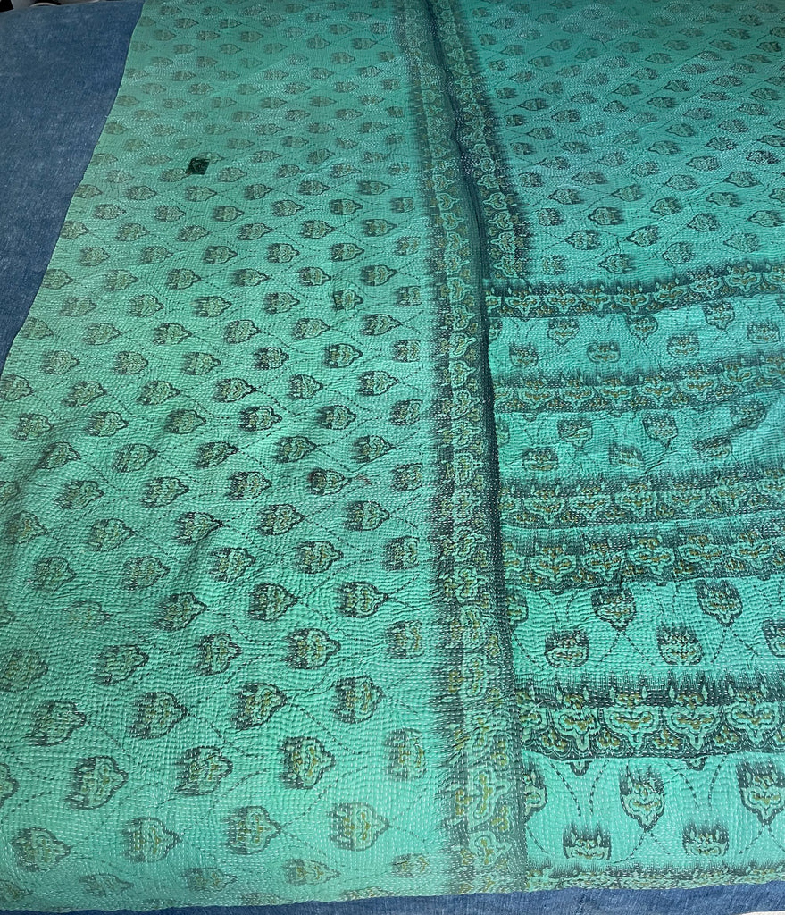 turquoise green blue kantha bedspread cotton bedcover hand stitched kantha sari quilt washable